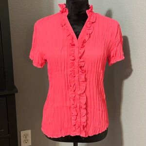 East‎ 5th Blouse Small Hot Pink Ruffle Button Front Crinkle Short Sleeve NWT